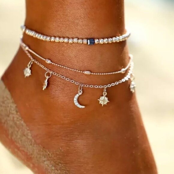 “Summer Nights” Bohemian Star/Moon Diamond Anklets - Picture 1 of 8